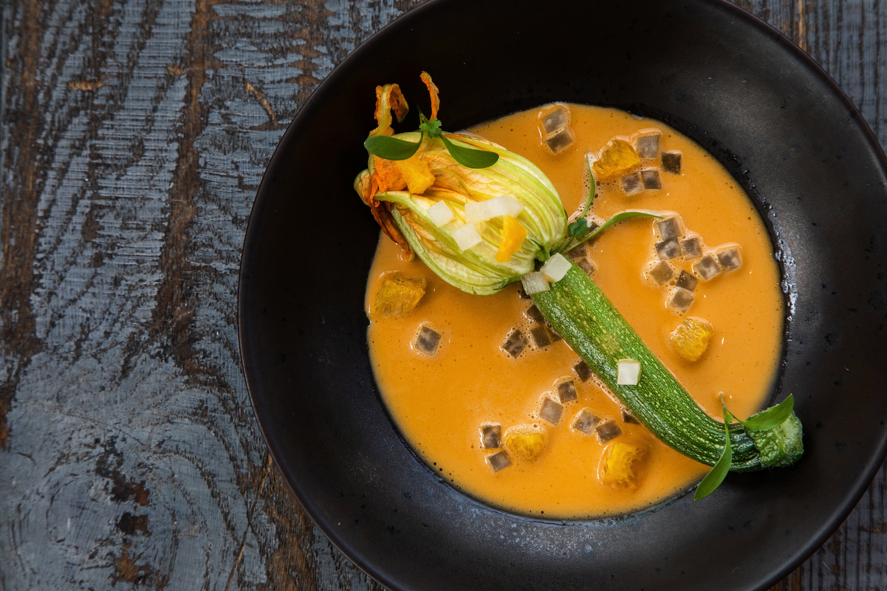 Courgette flower, citrus bisque