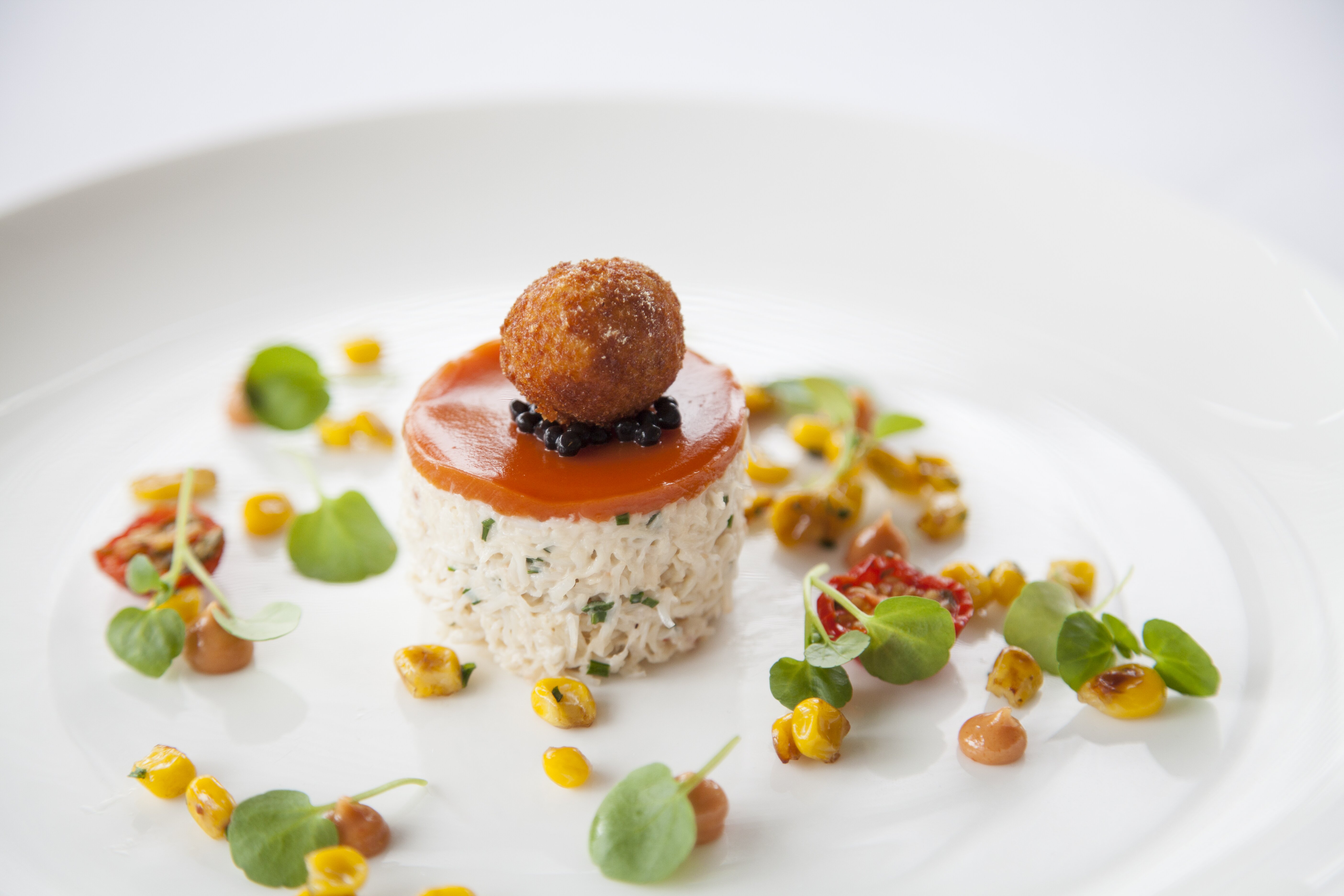 Crab with tomato, sweetcorn and a crab fritter