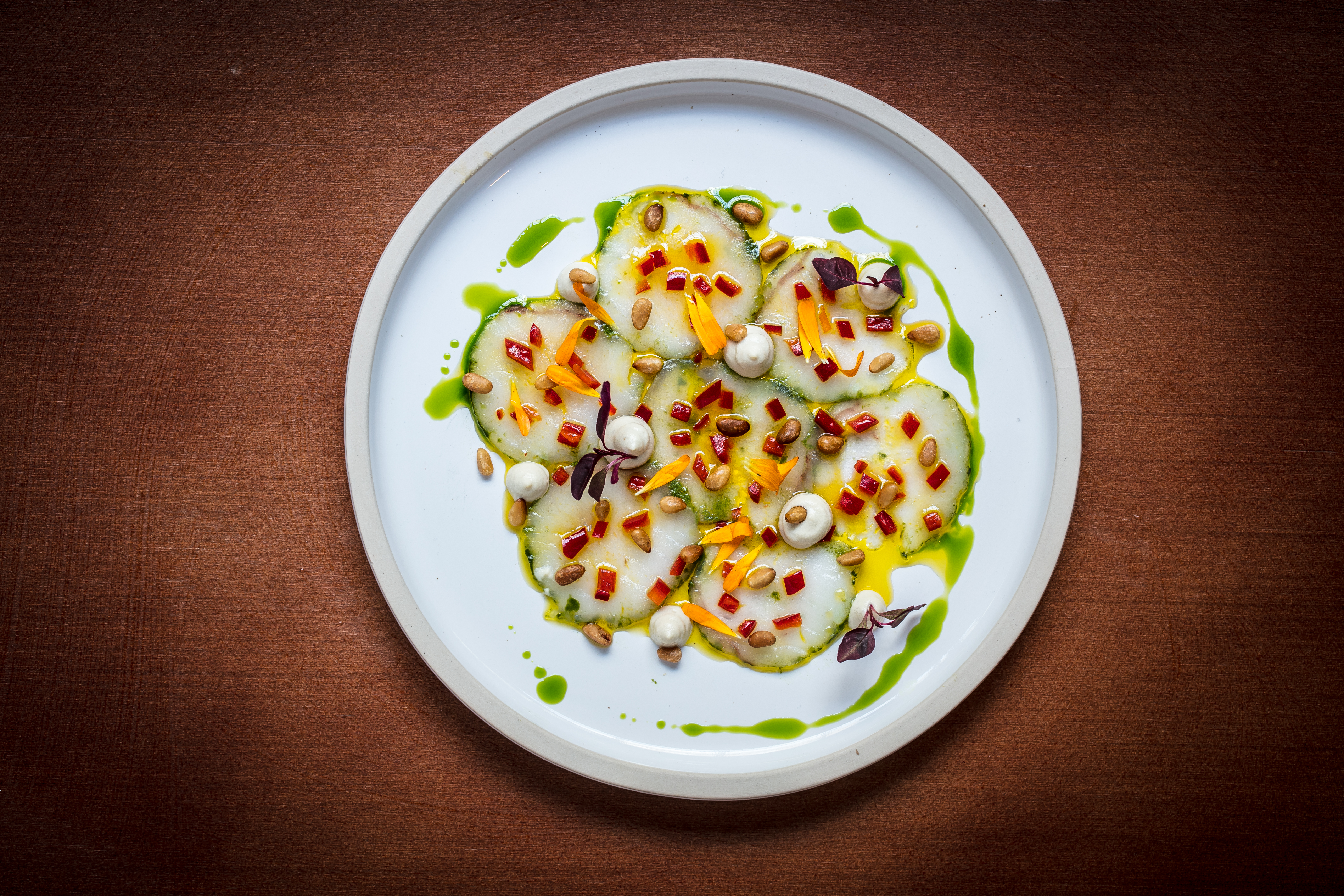 Monkfish carpaccio, aubergine, lemon, chilli and toasted pine nuts