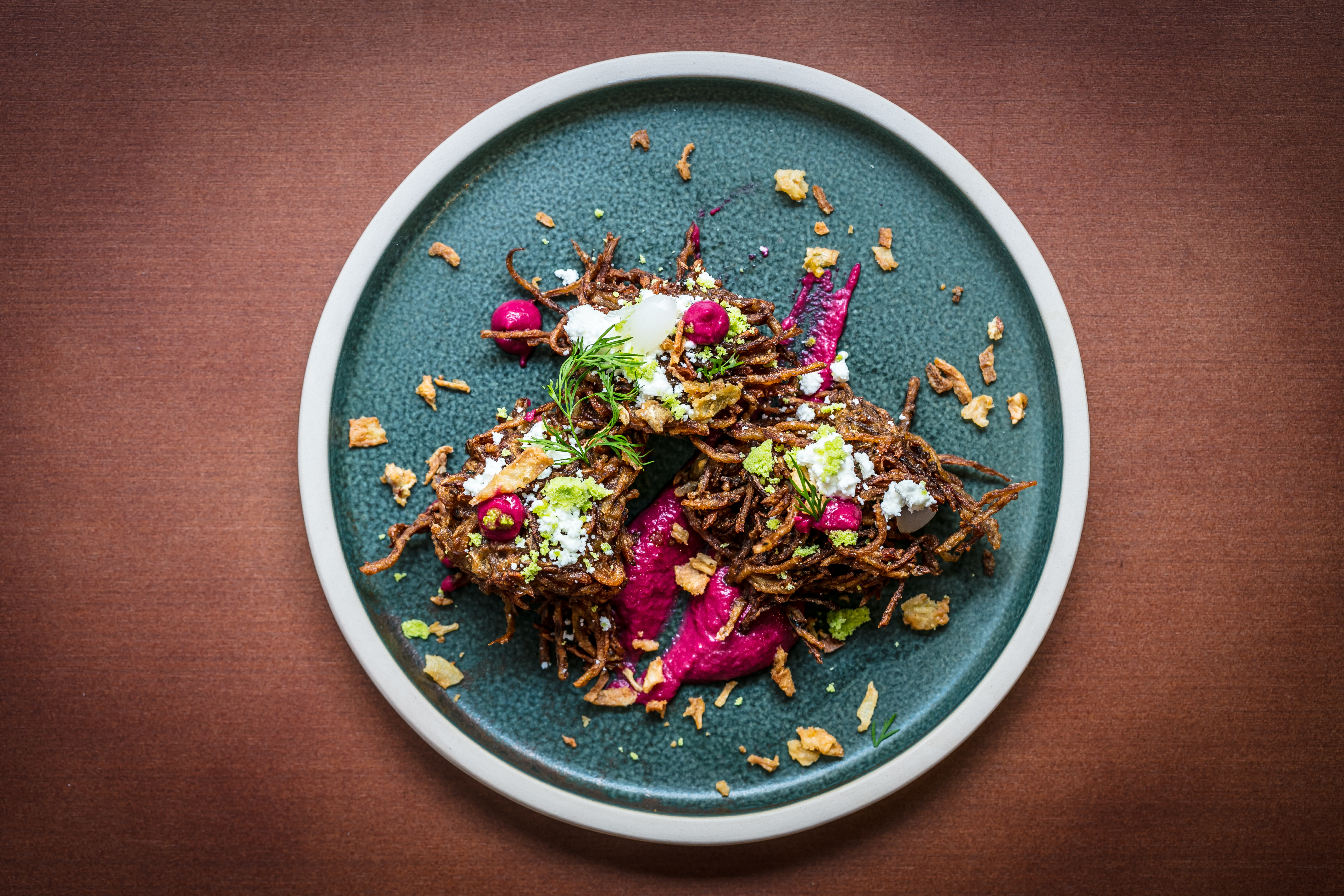 Artichoke and potato nests, beetroot tahini, pickled onions, feta