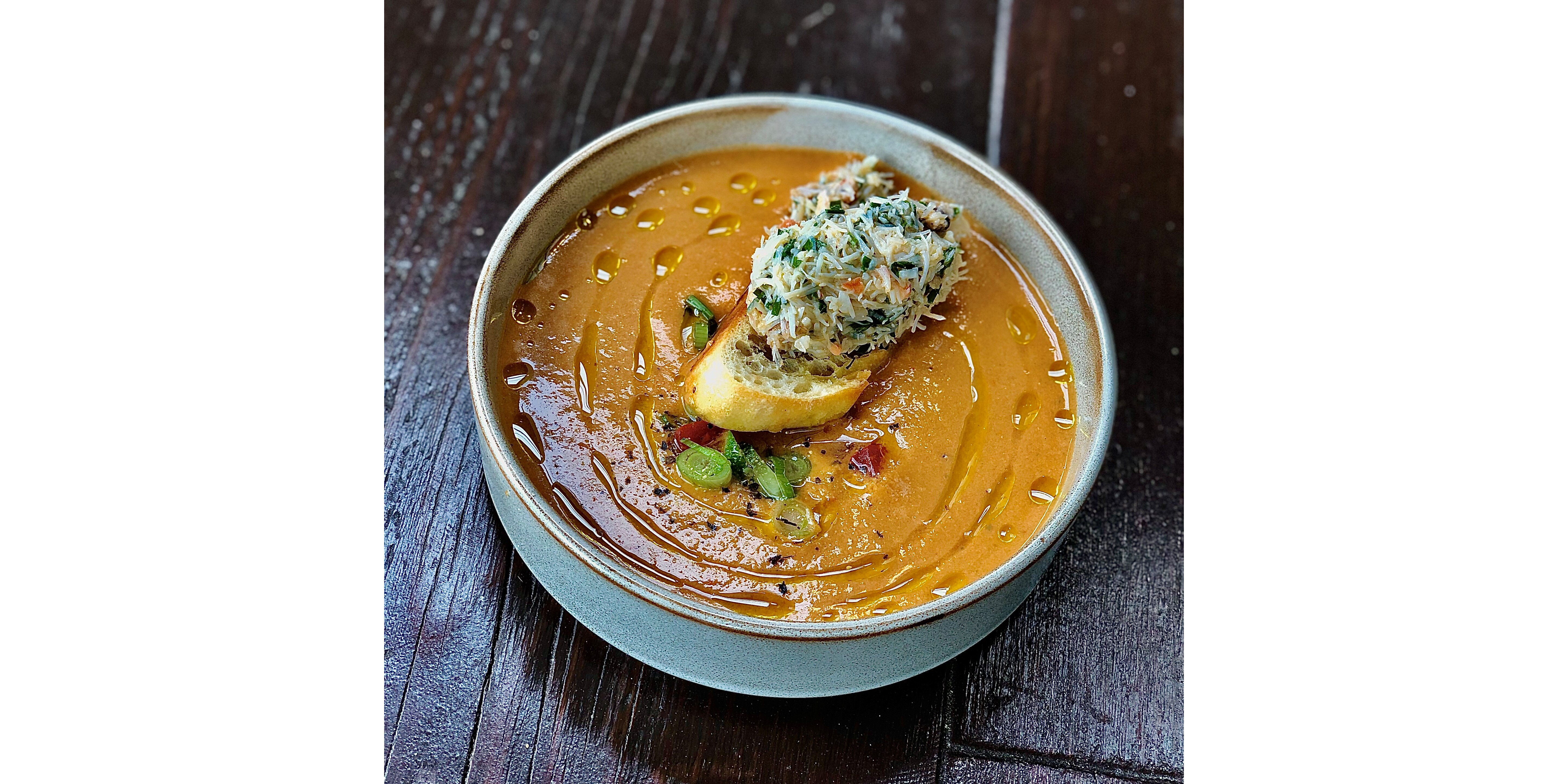 Cornish crab crostini and gazpacho