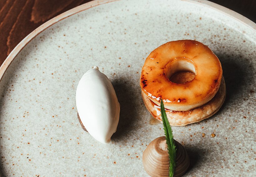 Apple tart tatin with gingerbread purée and tonka bean ice-cream