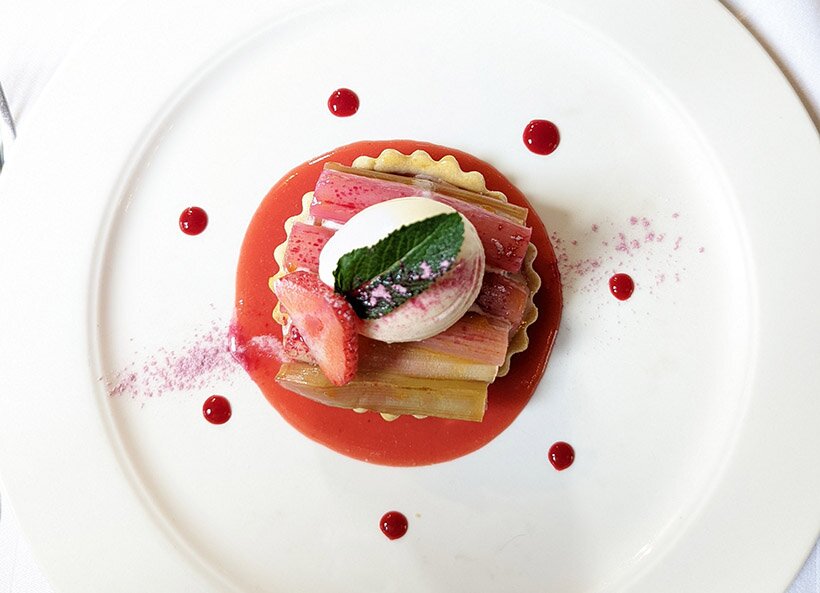 Glazed rhubarb tart, honey, ginger and lavender ice-cream, made by the college students