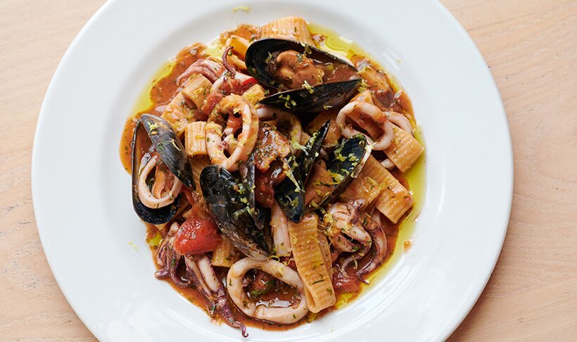 Seasonal seafood pasta with mussels and squid