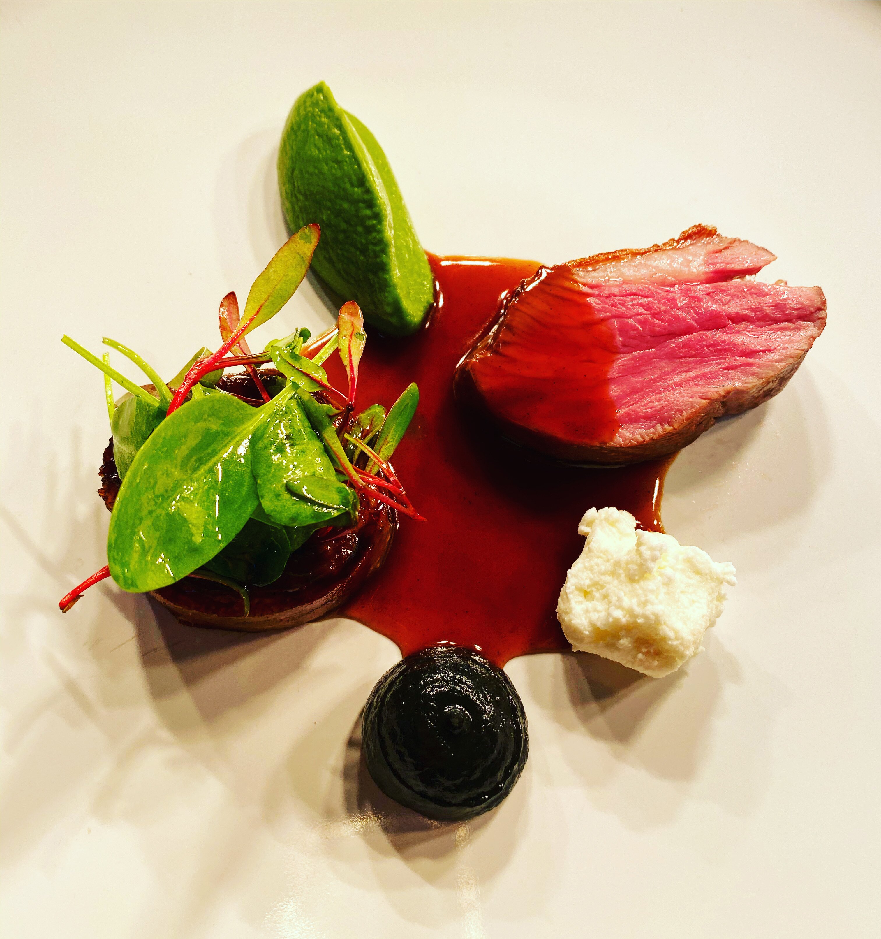 Lamb shoulder, rump, aubergine purée, basil