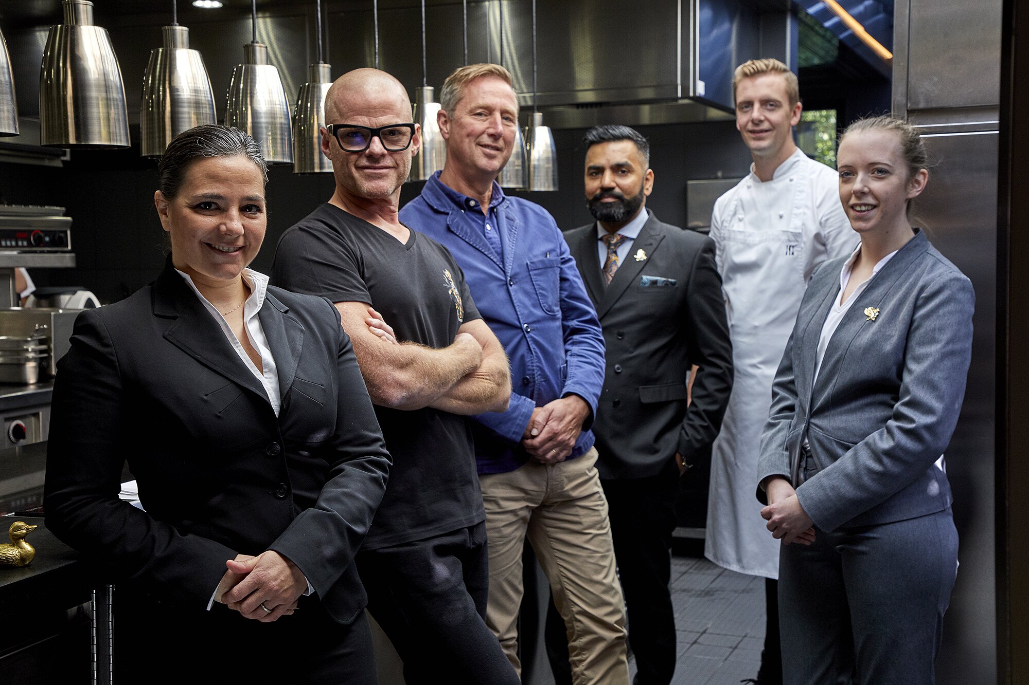 L-R: head sommelier Melania Bellesini, Blumenthal, Sutcliffe, restaurant director Jatin Parmar, head chef Edward Cooke, junior assistant manager Ellan Palmer