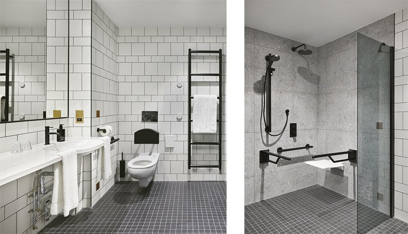 Hotel Brooklyn wheelchair accessible ensuite with removable rails and seat