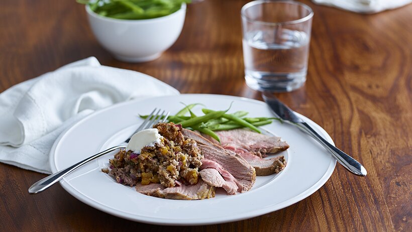 Roast lamb leg filled with rosemary, Moroccan spice and apricot Philadelphia